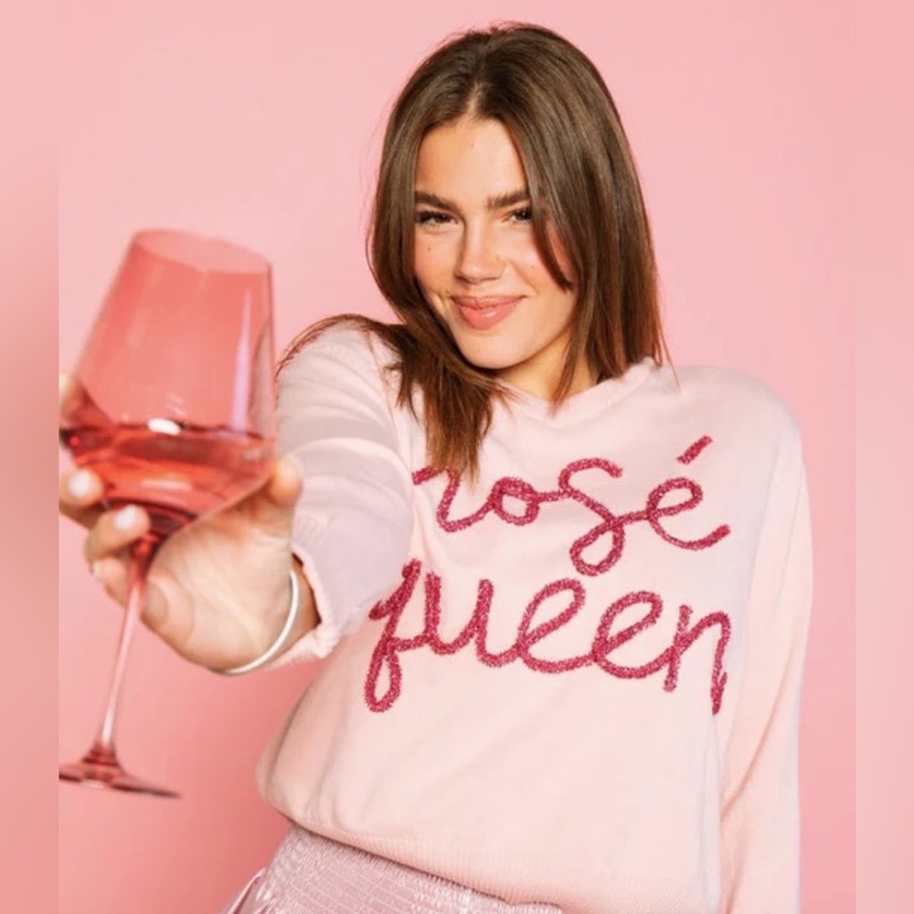 Queen of Sparkle‎ Rosé Queen Pink V Neck Sweater Wine Glass Elbow Patch Small